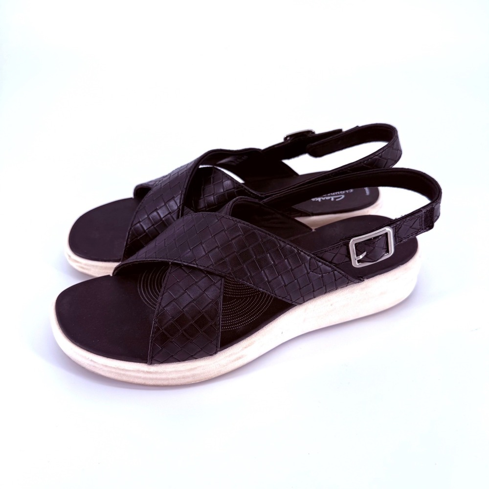 Clarks Women 10 Sandals Cloudsteppers Drift Sun Black Woven Slingback Comfort
